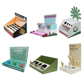 Customized Color Printed Corrugated Cardboard Display Stand for Cosmetics Pet Three-Layer PDQ Retail Promotion ODM OEM 3D CAD