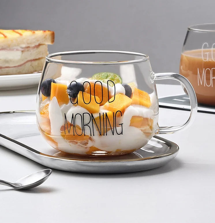 Wholesale Good Morning Handle Glass Breakfast Cup 400ml High Borosilicate Glass Mugs Mlik Coffee Glass Mug with Big Handle