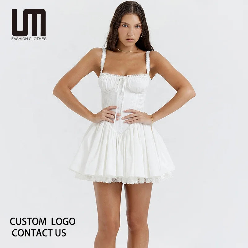 Liu Ming Hot Selling Wholesale 2024 Summer Spaghetti Strap Lace up Holiday Party a Line White Dresses for Women