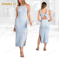 Clothing Factory Wholesale Custom Summer Women Sleeveless Bodycon Crewneck Solid SleevelessSide Slit Beach Casual Long Dresses