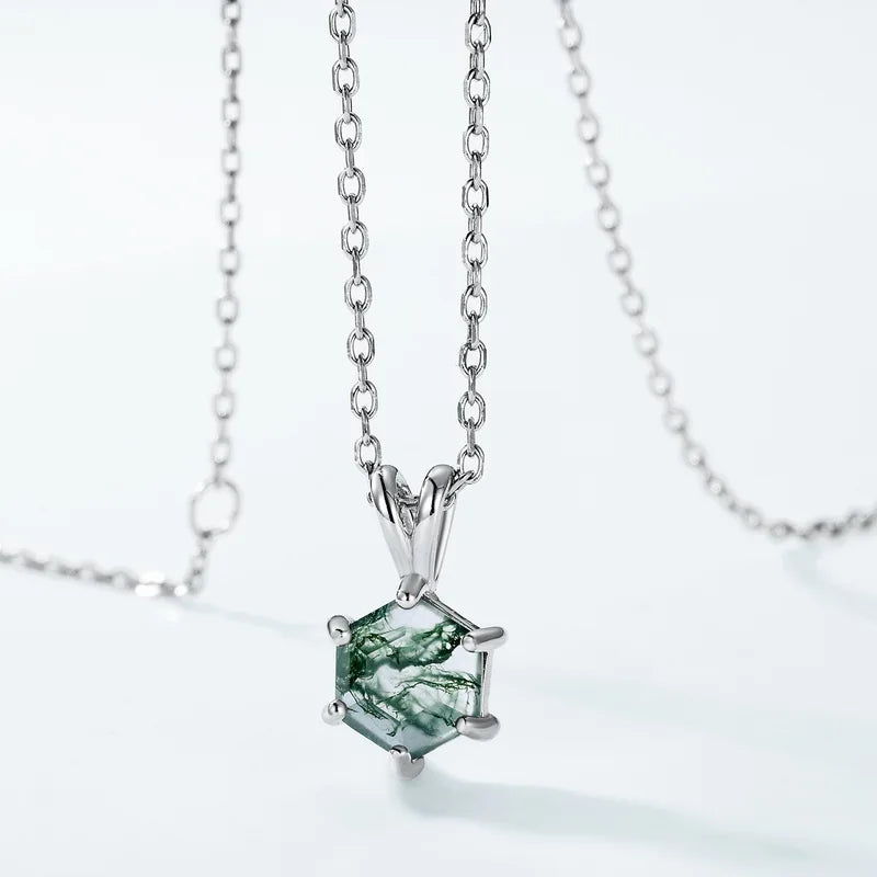 Popular Design Fashion Jewelry Necklace Gold Plated 925 Sterling Silver Chain Natural Green Moss Agate Pendants Necklace