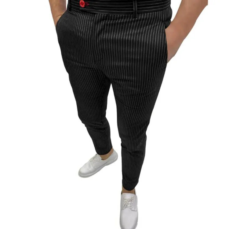 Autumn Mid Waist Skinny Long Pants Business Casual Men's Slim Trousers Fashion Striped Printing Pencil Pants for Men