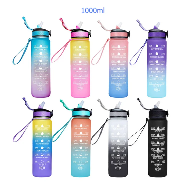 Large Capacity Portable Plastic Water Bottle with Straw Simple Sports Gradient Design