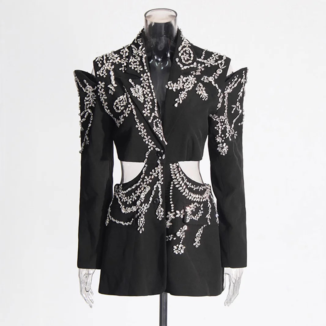 OUDINA Elegant Business Suits Women's Sports Jacket with Diamond Hollow Waist Fashion Blazer for Formal Occasions