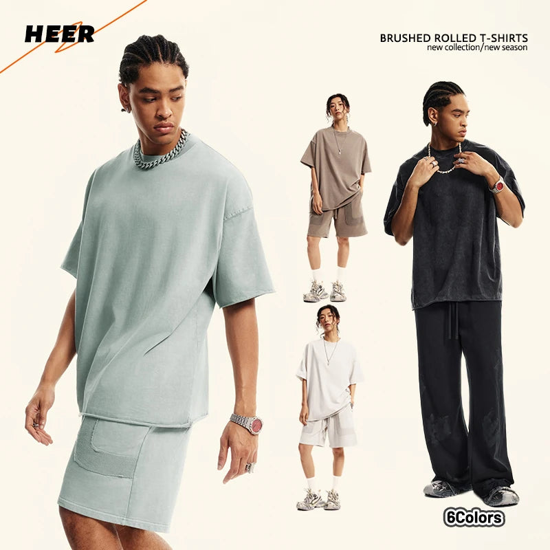 Custom Men's Heavyweight Organic Cotton T-Shirt 310 GSM Washed Brushed Terry Fabric Oversized Tee