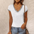Vintage Summer Popular Casual V-neck Contrast Slim Fitting Short Sleeved T-shirt Top