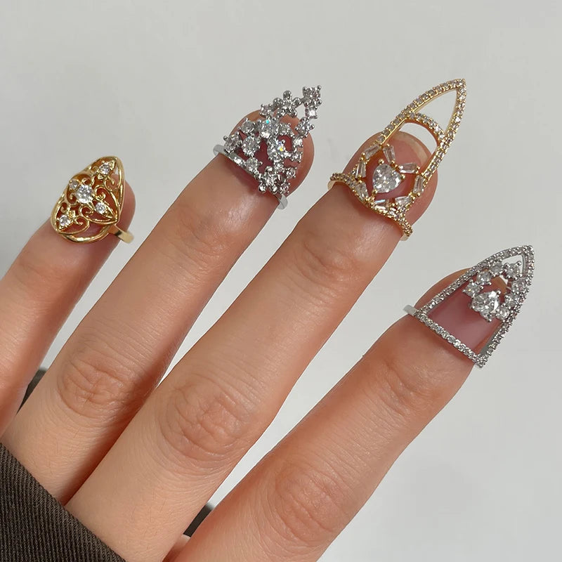 New Women Pen Adjustable Ring Nail Full Diamond Finger Tip Rings Gold Plated Iced Out Cubic Zirconia Bling Nail Shape Ring