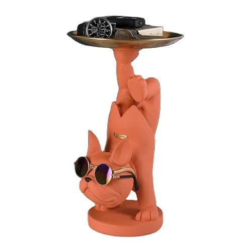 2025 Handstand Bulldog Resin Dog Sculpture with Glass With Fruit Plate Modern Room Animal Crafts Ornament