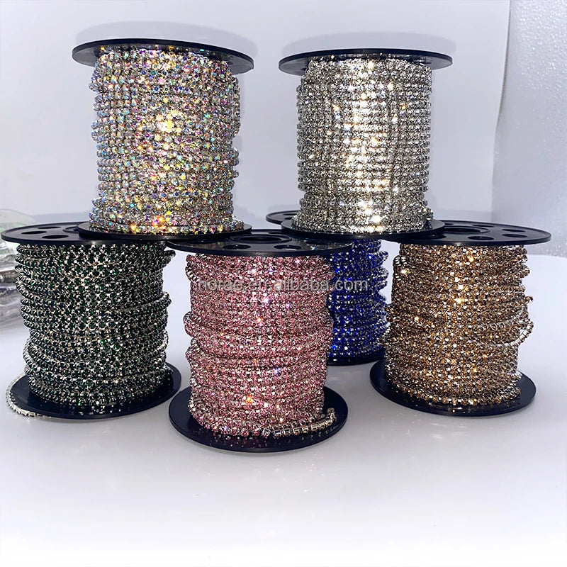 F052 Manufacture Supplies Multicolor 2mm Crystal Chain Trim for DIY Jewelry Shoe Rhinestone Chain Trimming on Roll