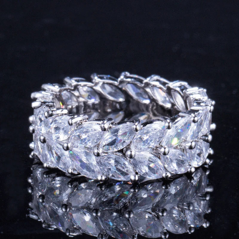 Luxury Cubic Zirconia Stone Pave Olive Leaf Big Engagement Wedding Silver Plated CZ Finger Rings Jewelry for Women