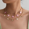 Fashion Double Layers Gold Plated Alloy pink butterfly Cuban Link Necklace Children's Anniversary