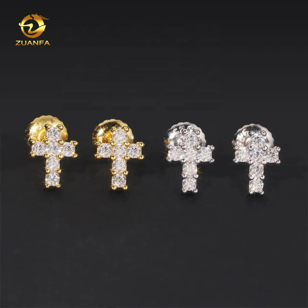 Fine Jewelry 925 Silver Pass Diamond Tester Hip Hop Mens VVS Moissanite Cross Earrings