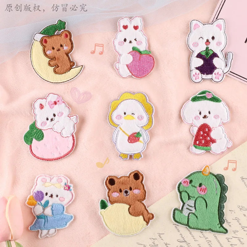 Stock Self Sticker Kawaii Embroidery Cartoon Furry Rabbit Goose Dinosaur Dog Cat   Patch for Bag Phone case Decoration