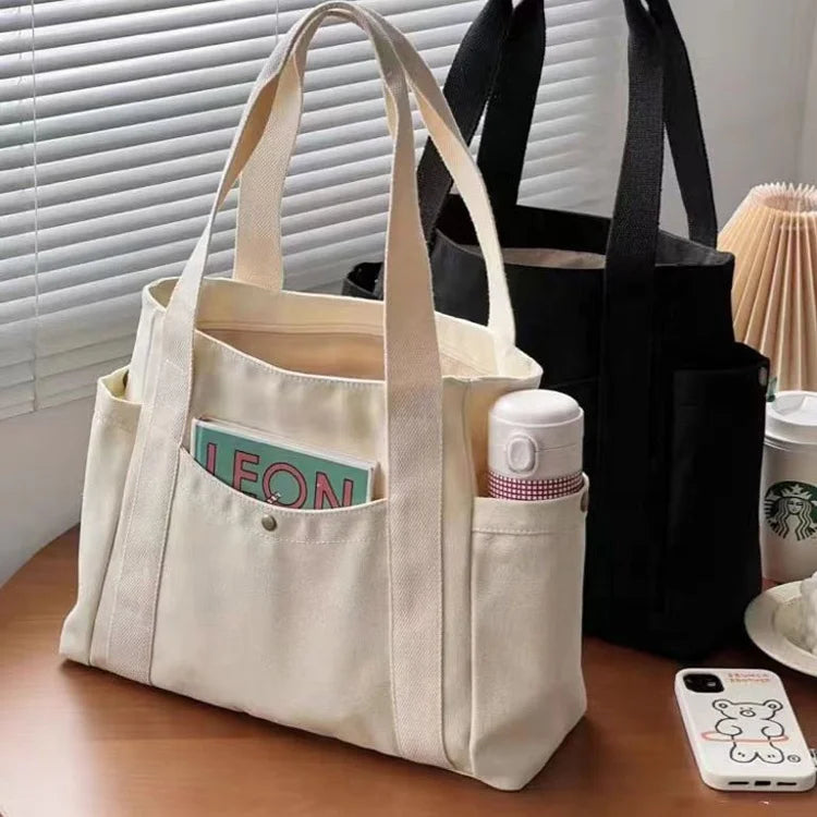 Custom Logo Size Printed Eco Friendly Reusable Organic Canvas Tote Bag Letter Pattern Grocery Shopping Bags Pocket 38x30x13cm XC
