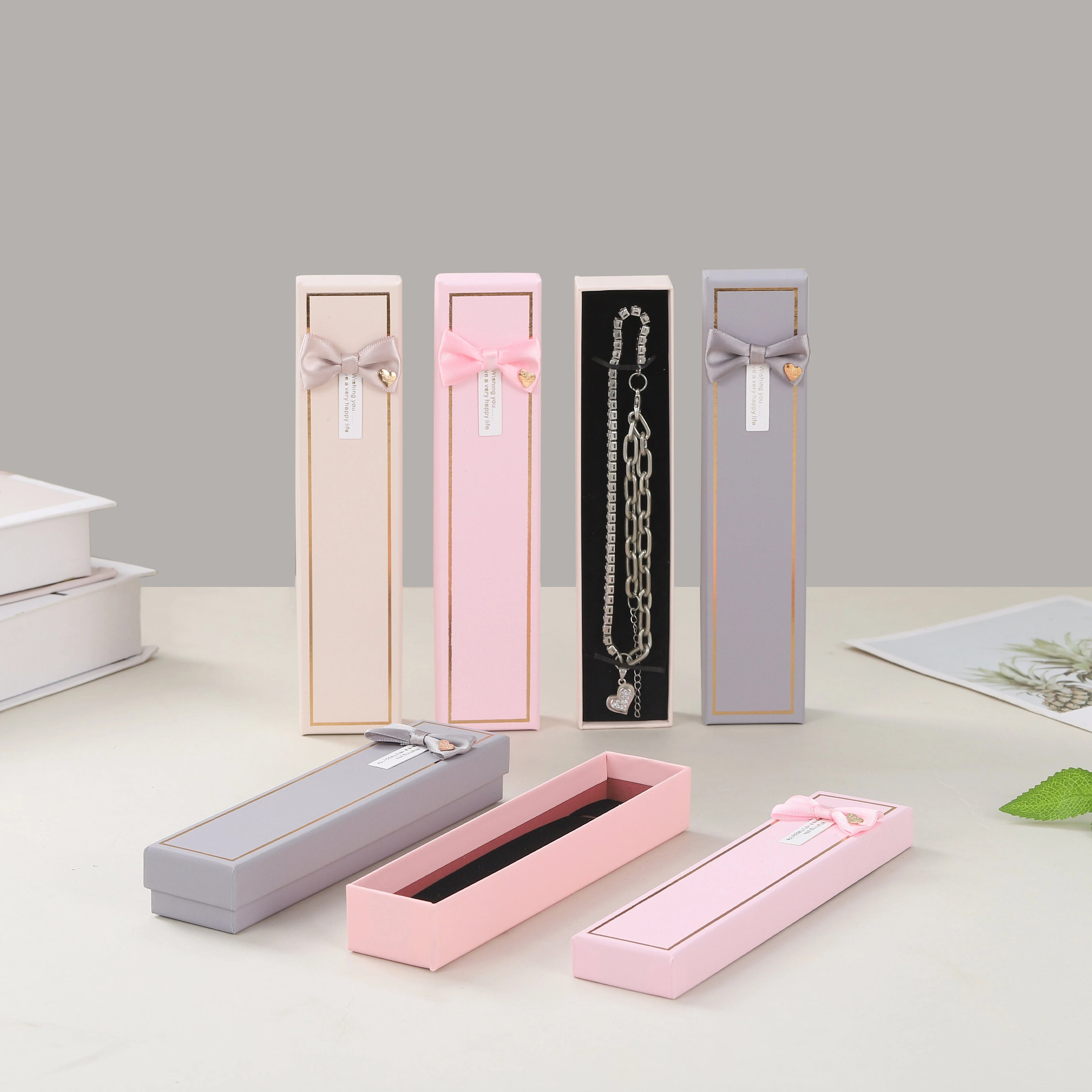 Stock (accept Custom) High-end Special Paper Rectangular Jewelry Box Necklace Box Gift Box Packaging with Bow