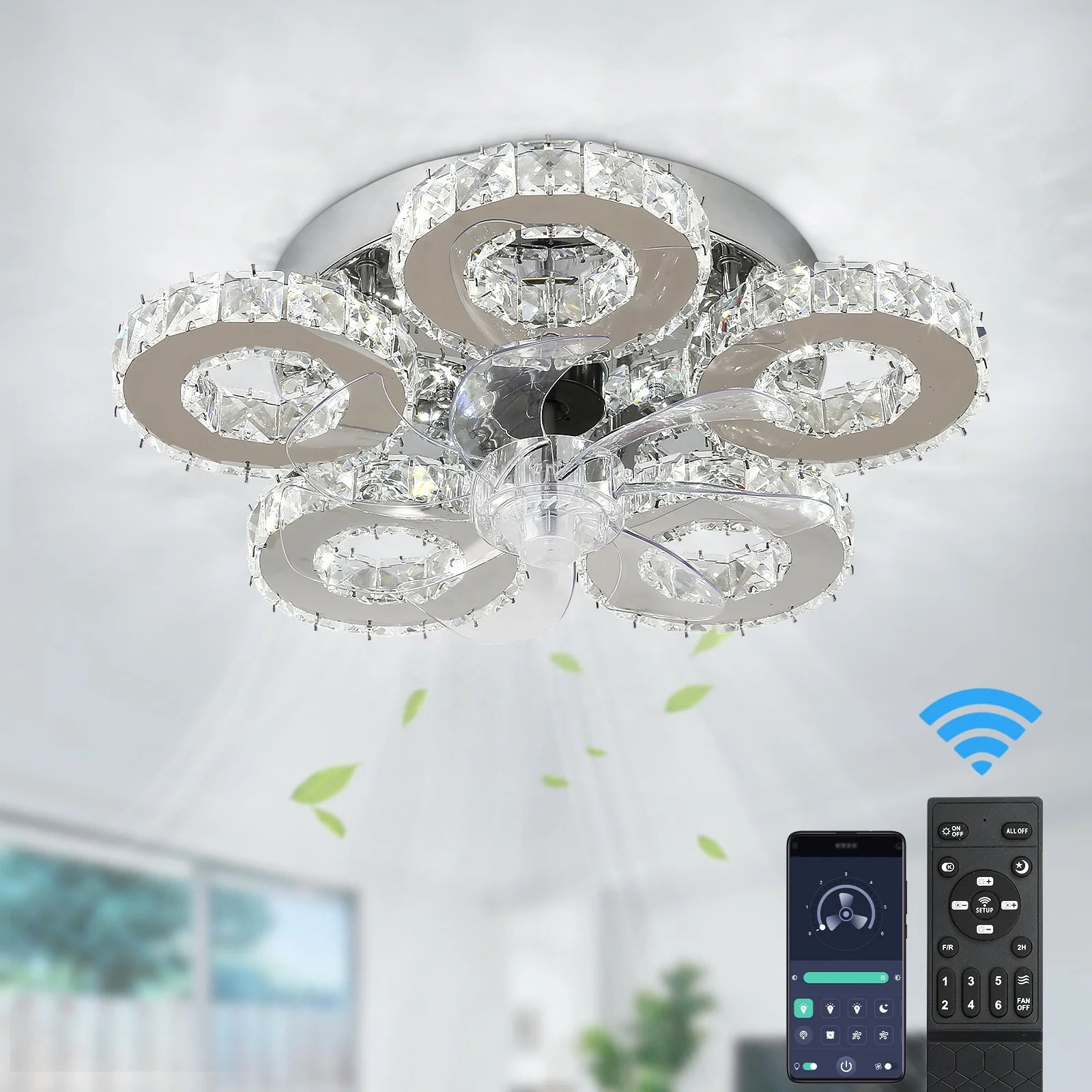 Dual Remote Control Dimming Lamp 30W*2 Motor 30W DC Ceiling Fan With Led Lights Crystal Chandelier for Bedroom