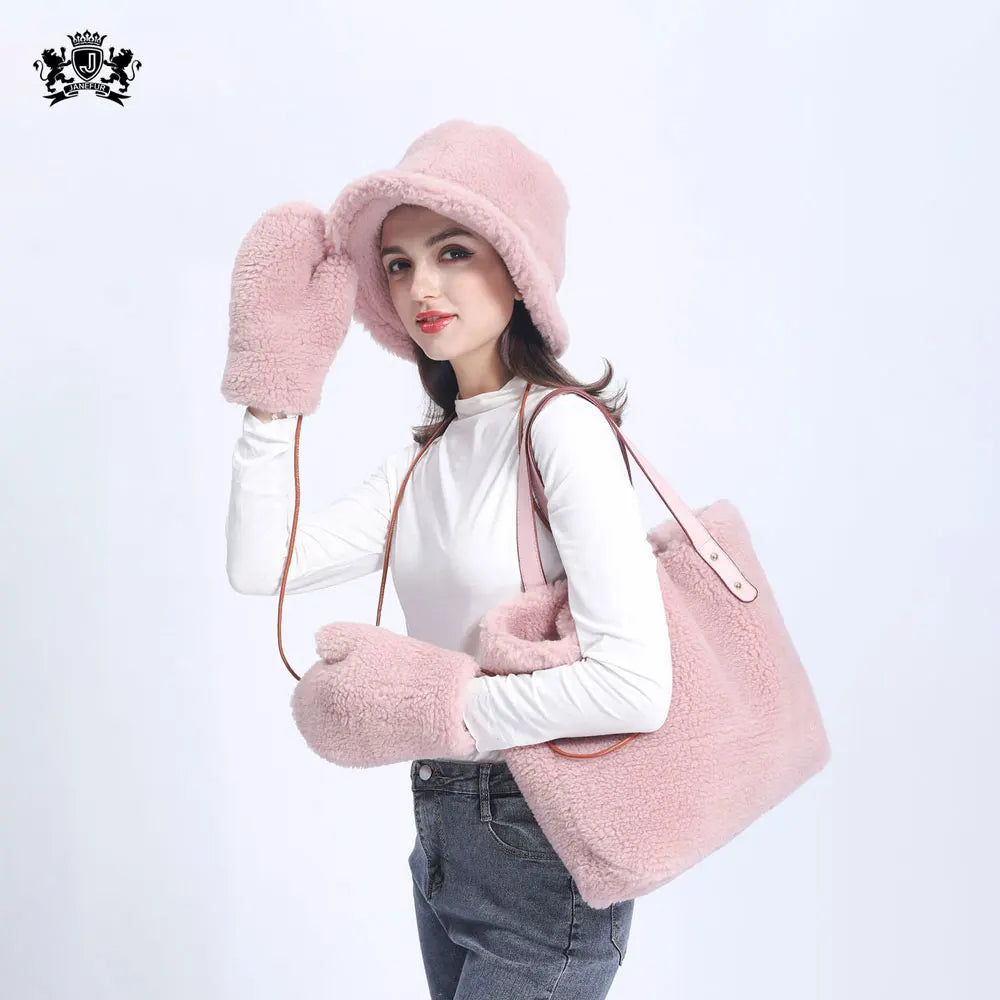 Janefur OEM Custom Winter Warm Sheep Fur Hat Sherpa Fleece Bag Gloves Hat Set Teddy Wool Bucket Hats for Women