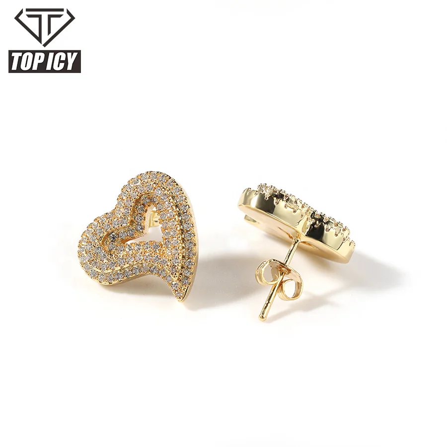 2021 Fashion Heart Stud Earrings Micro Inlaid Heart Earrings Hip Hop Earrings for Men and Women Christmas Gift