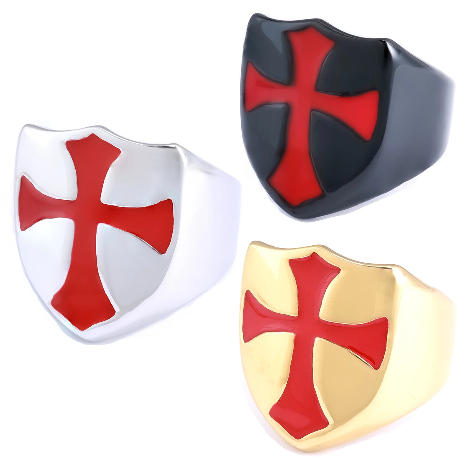 Ready to Ship  Stainless Steel  Knights Templar Red Cross Shield Ring Polished Vintage Medieval Rock Punk Men Jewelry Ring