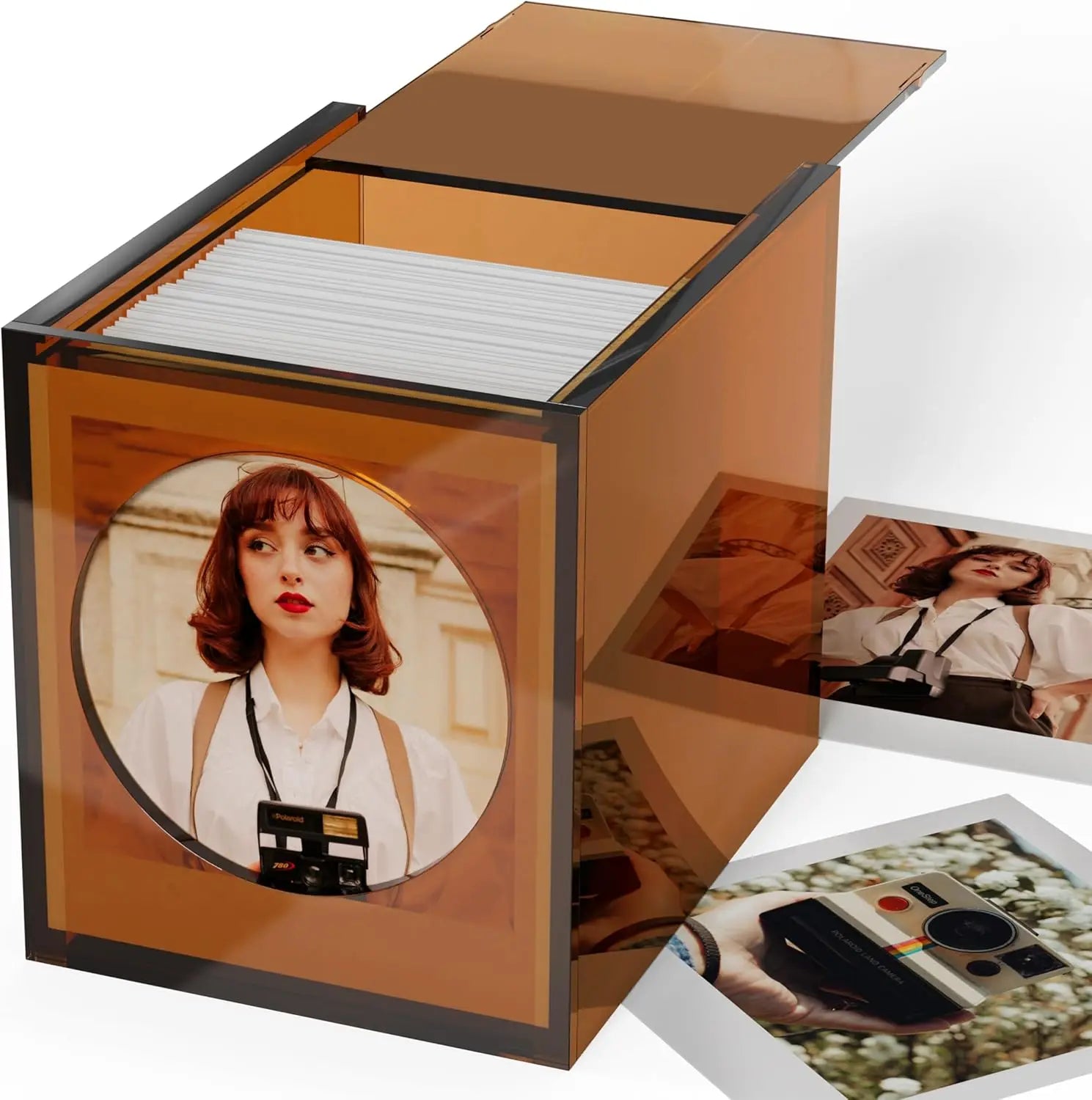 Acrylic Polaroid I-Type/600/SX-70 Frame Photo Storage Box 4.2''x3.5'' Square Film Modern Design Vintage Sliding Lid Amber 1 Pack