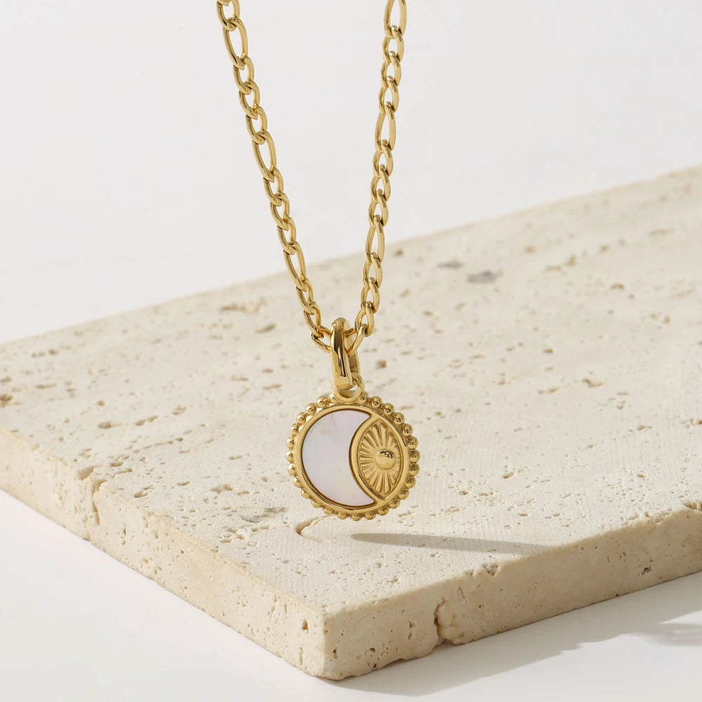 European American Retro Style Women's Stainless Steel Snake Chain Necklace Sun Moon Natural Shell 316L Titanium No Fade Stock