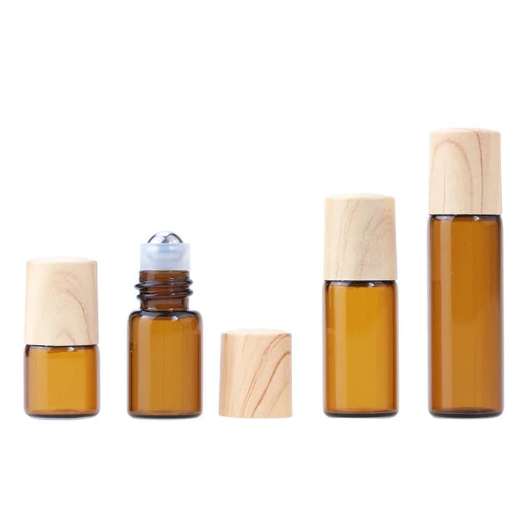 Wholesale Wooden Grain Cap Empty Mini Essential Oil 1ml 2ml 3ml 5m for Eye Cream Cosmetic Amber Glass Roller Bottles