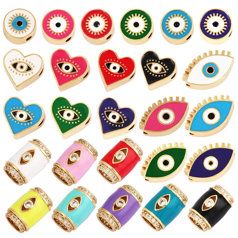 Enamel Blue Turkish Evil Eye Heart Round  Bead12mm DIY Brass Colourful Bracelet Components Accessories Wholesale Supplies L76