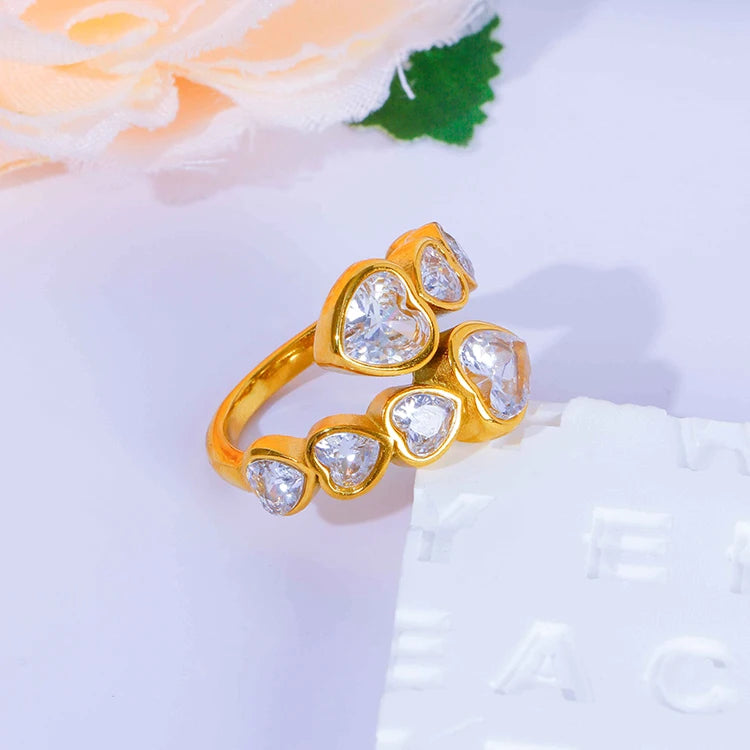14K Gold Stainless Steel Zircon Ring for Women Pvd Plated Heart Shaped Cluster Main Material Alloy