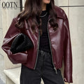 OOTN Autumn Winter Burgundy Ladies Jacket Leather Lapel Warm Coat Fashion Women Simple Burgundy PU Jacket Coat With Zip