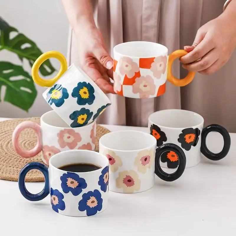 Ins Creative Hand Painted Flower Ceramic Mug Big Ears Home Office  Mug
