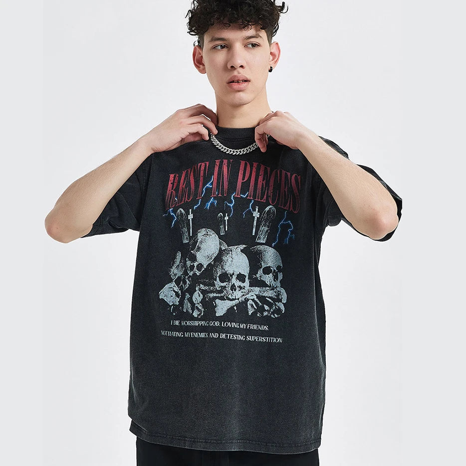 w Arrivals Summer Washed Skull Print T-shirts for Men 100% Cotton Hip-hop Short Sleeve t Shirt