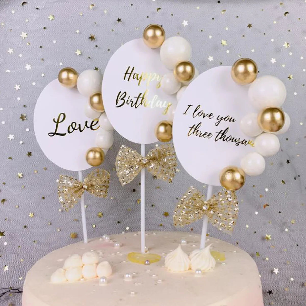 Gold Ball Cake Topper Love Happy Birthday Wedding Party Cupcake DIY Dessert Decor Supplies Gift
