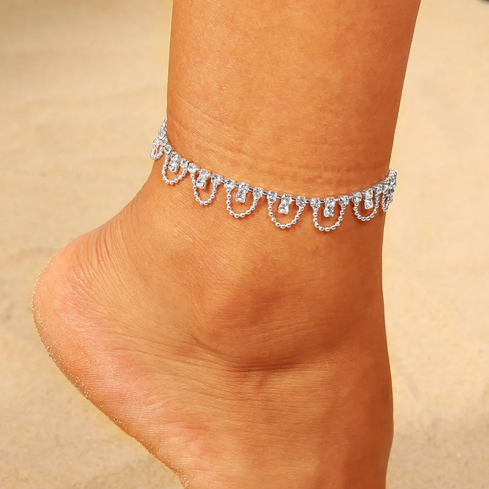 Lady Silver Crystal Rhinestones Tassel Anklets Zircon Link Summer Beach Ankle Foot Jewelry for Women Tassels Rhinestone Anklet