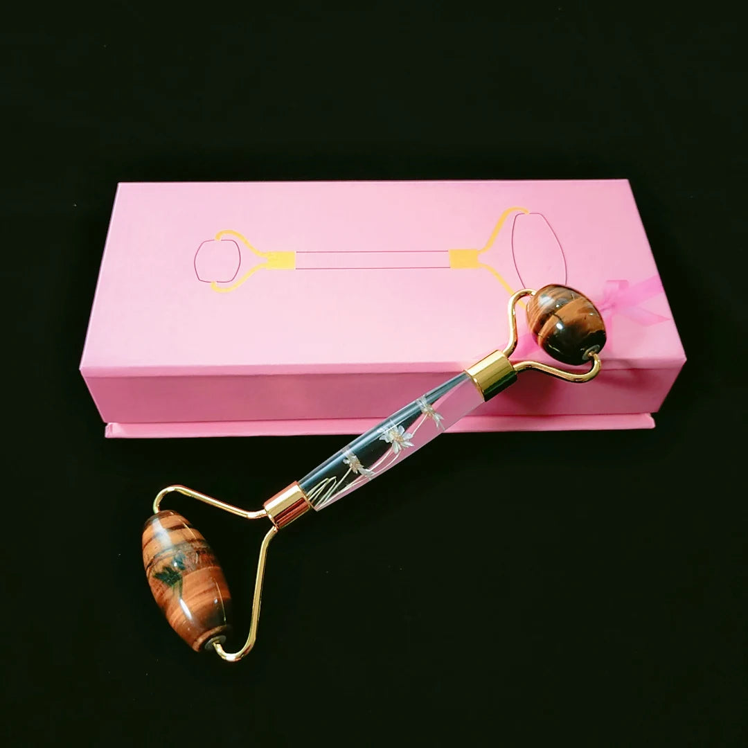 Huiying Natural stone face flower handle roller yellow tiger eye jade facial eye roller