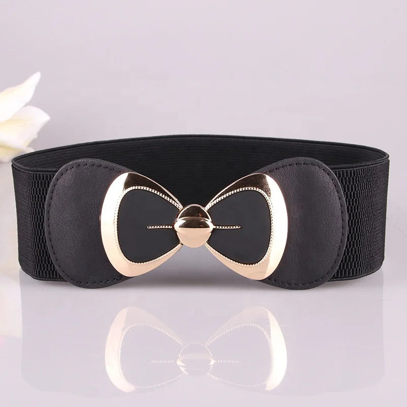 Factory Customization Ladies Fashion Elastic Belt High Quality Alloy Buckle Gold Bow Belt for Women