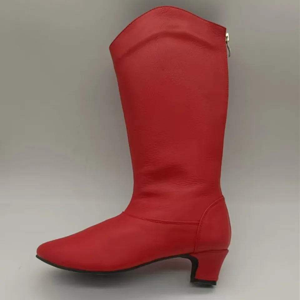 EVk230903 Women's Customized Red Leather Suede Sole Dance Boots Low Heel Salsa Jazz Party Cheerleading Shoes