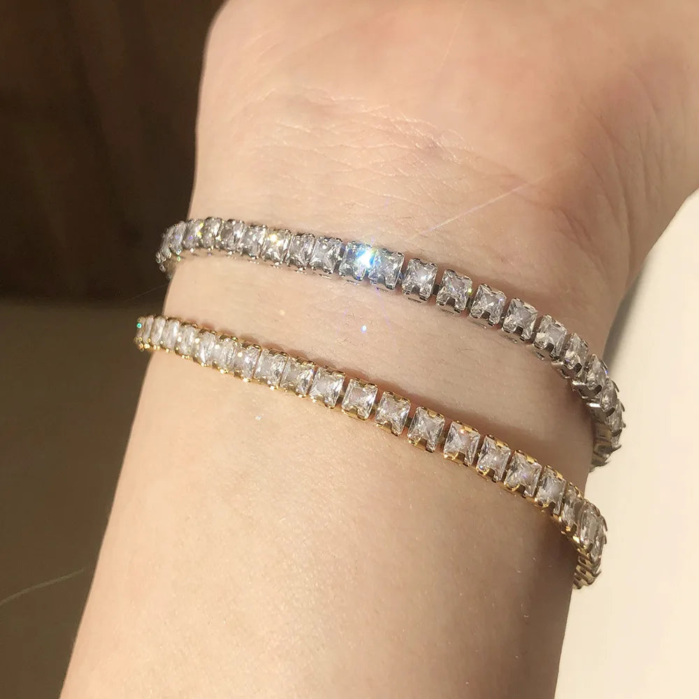 Non Tarnish Jewelry Bracelets Square Cubic Zirconia Gold Plated Stainless Steel CZ Tennis Chain Bracelet