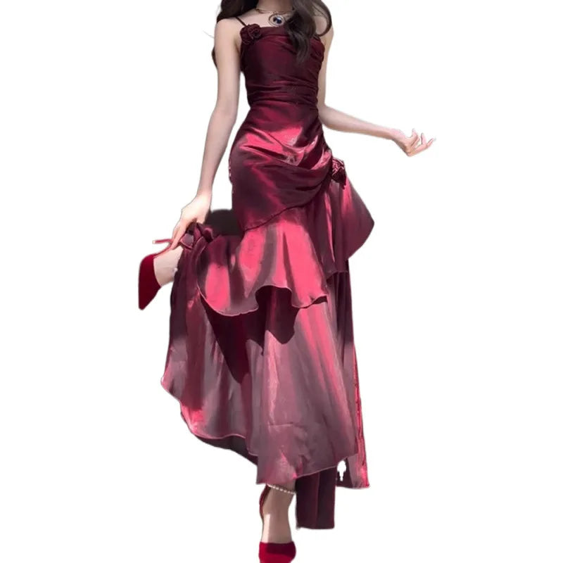 Red Fishtail Halter Evening Dress Summer Pure Fashion High-end Adult Dress Long Dress