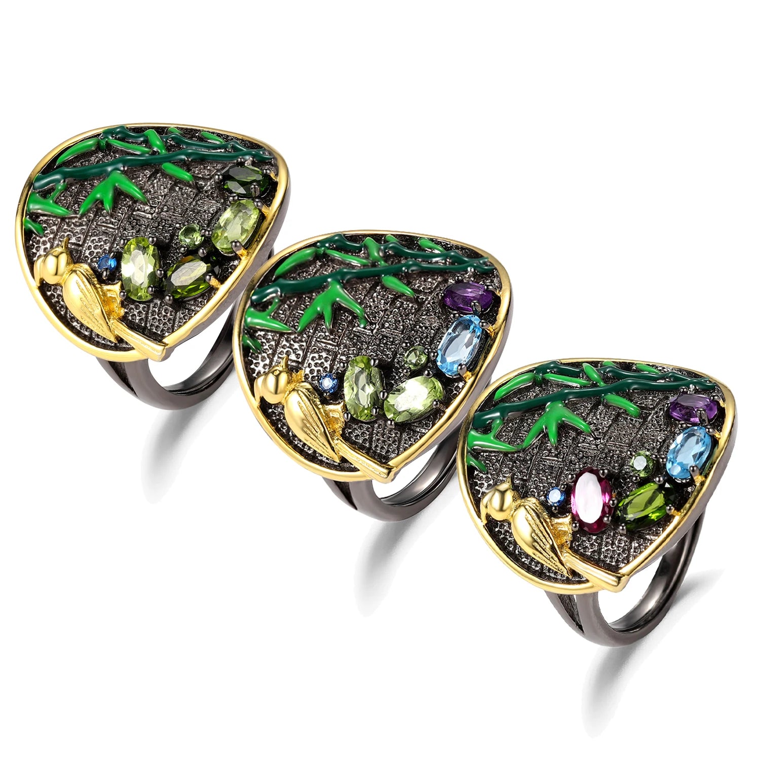 C7929 Abiding Fine Jewelry Factory Natural Gemstone Bird Bamboo Adjustable Cheap Silver Ladies Rings