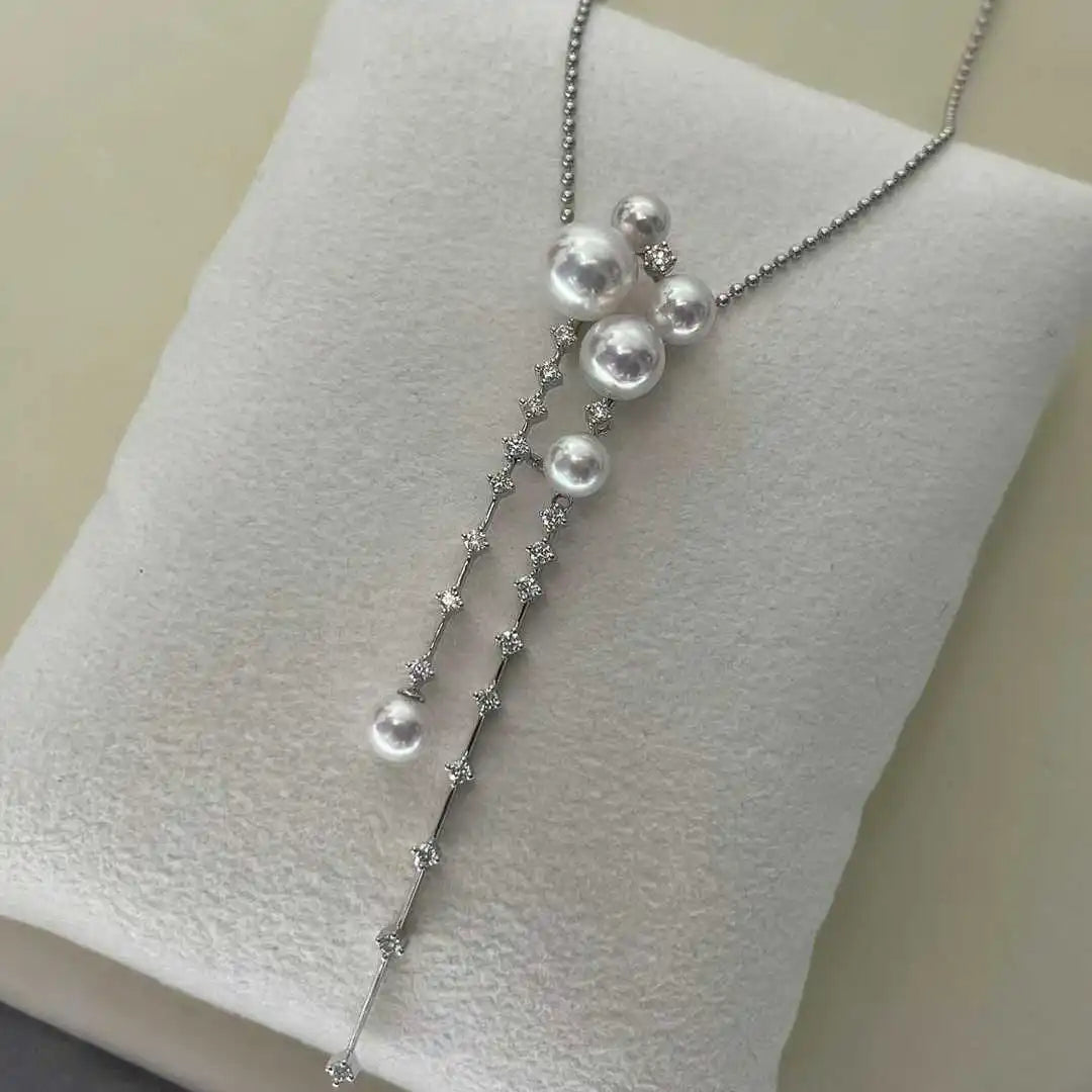 Dazzling Galaxy Tassel Pendant Necklace with 4-7mm Natural White Freshwater Bread Pearl Luxury Jewelry