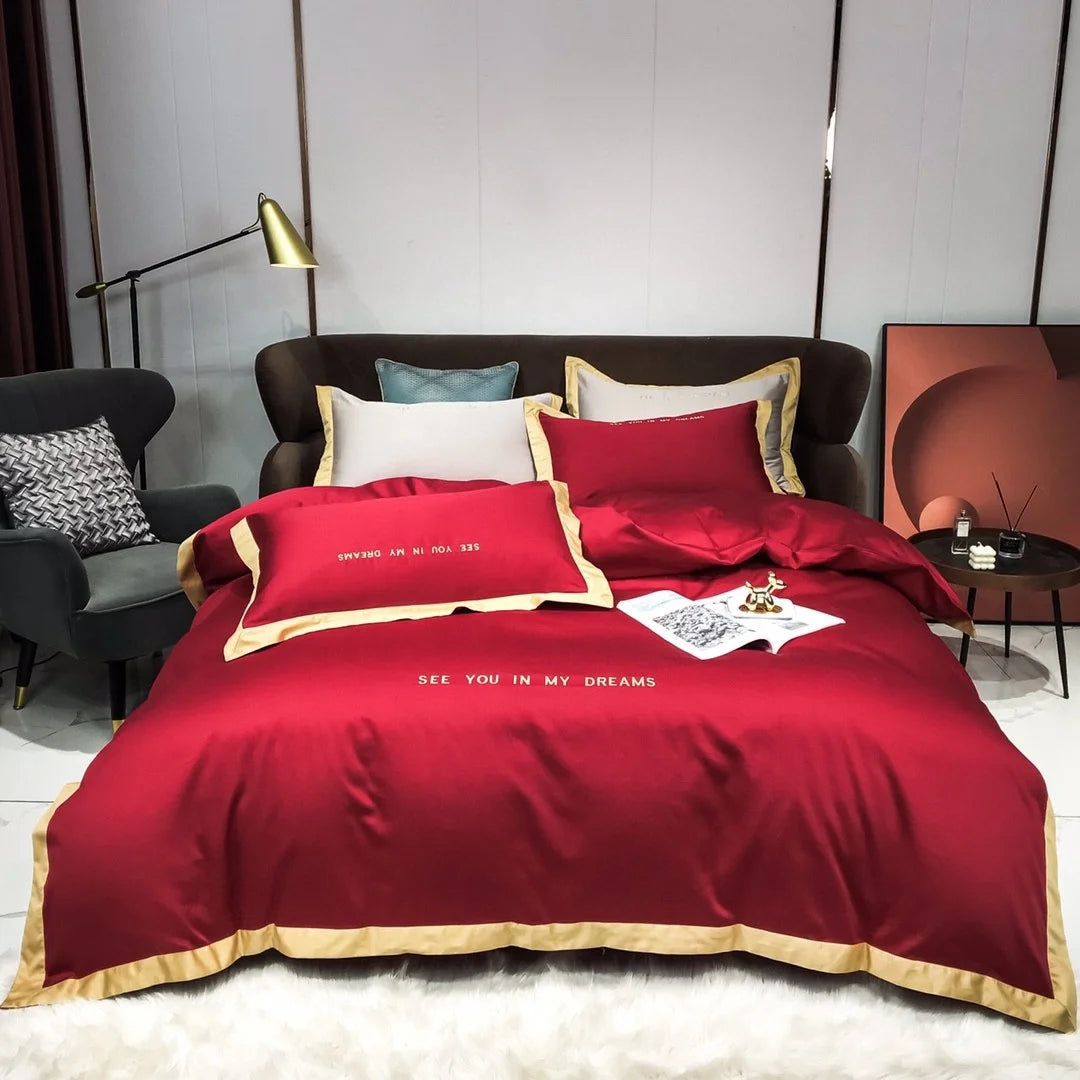 ODM/OEM Luxury Red king Size Comforter Duvet Cover Soft Egyptian Cotton Flat Bed Sheet Luxury 4 Piece Home Textile Bedding Set