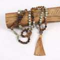 Women 8mm Frost Amazonite Pic jasper Gemstone Knotted Bronze Ball Tassel Pendant Necklace Yoga 108 Beads Yoga Mala Necklace