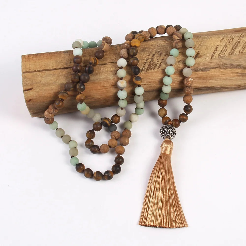Women 8mm Frost Amazonite Pic jasper Gemstone Knotted Bronze Ball Tassel Pendant Necklace Yoga 108 Beads Yoga Mala Necklace