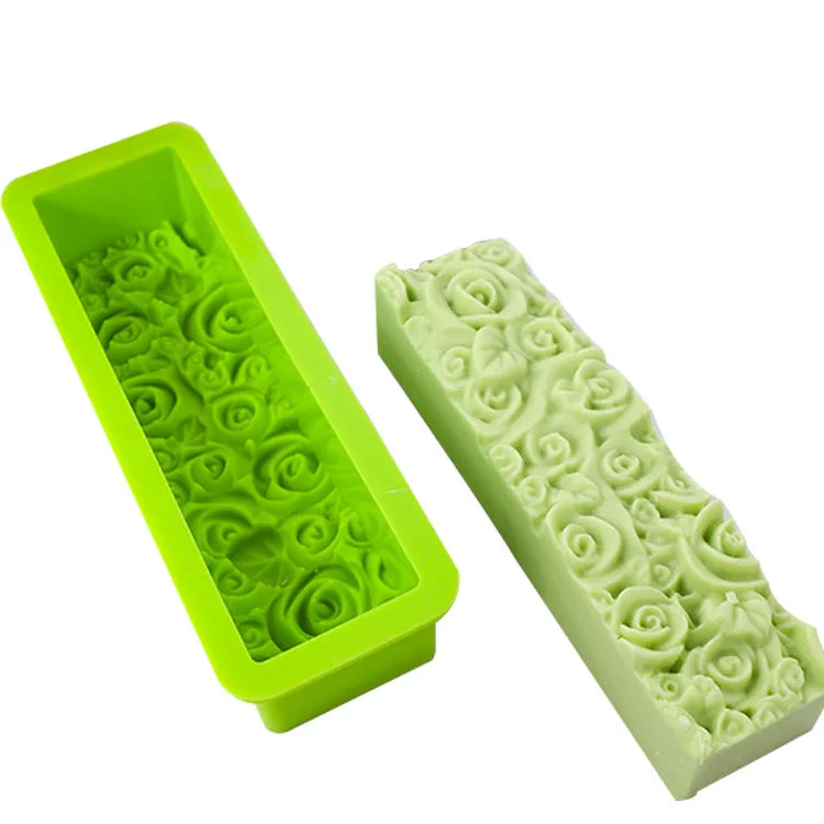 HY Silicone Long Rectangular Soap Mold Embossed Rose Flower Loaf Soap Making Mold