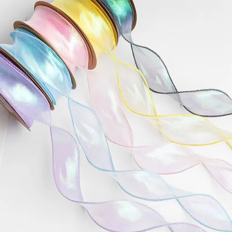 Wholesale Shimmer rainbow Color 4cm Sheer Organza Decorative Ribbon for Clothing Brides Dress Craft R002