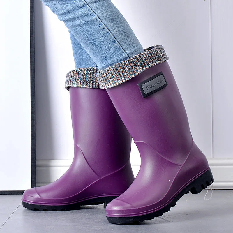 New High Tube Thickened Plus Velvet Thermal Women's Rain Boots Adult Overshoes Water Shoes Waterproof Fishing Shoes Anti-slip