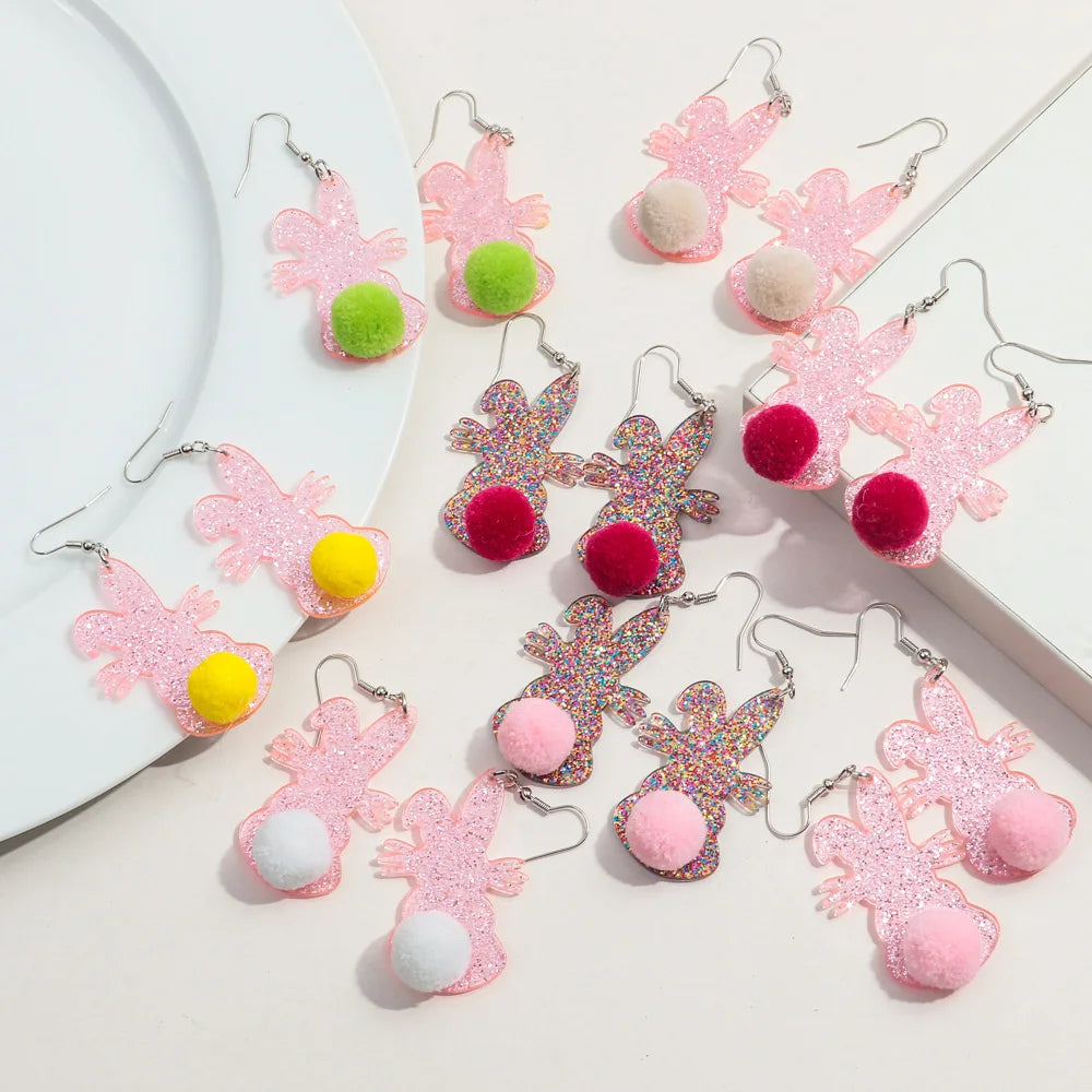 Fashion Korean Designer Funny Hairballs Cute Cartoon Rabbit Romantic Pink Colored Glitter Party Jewelry Acrylic Drop Earrings
