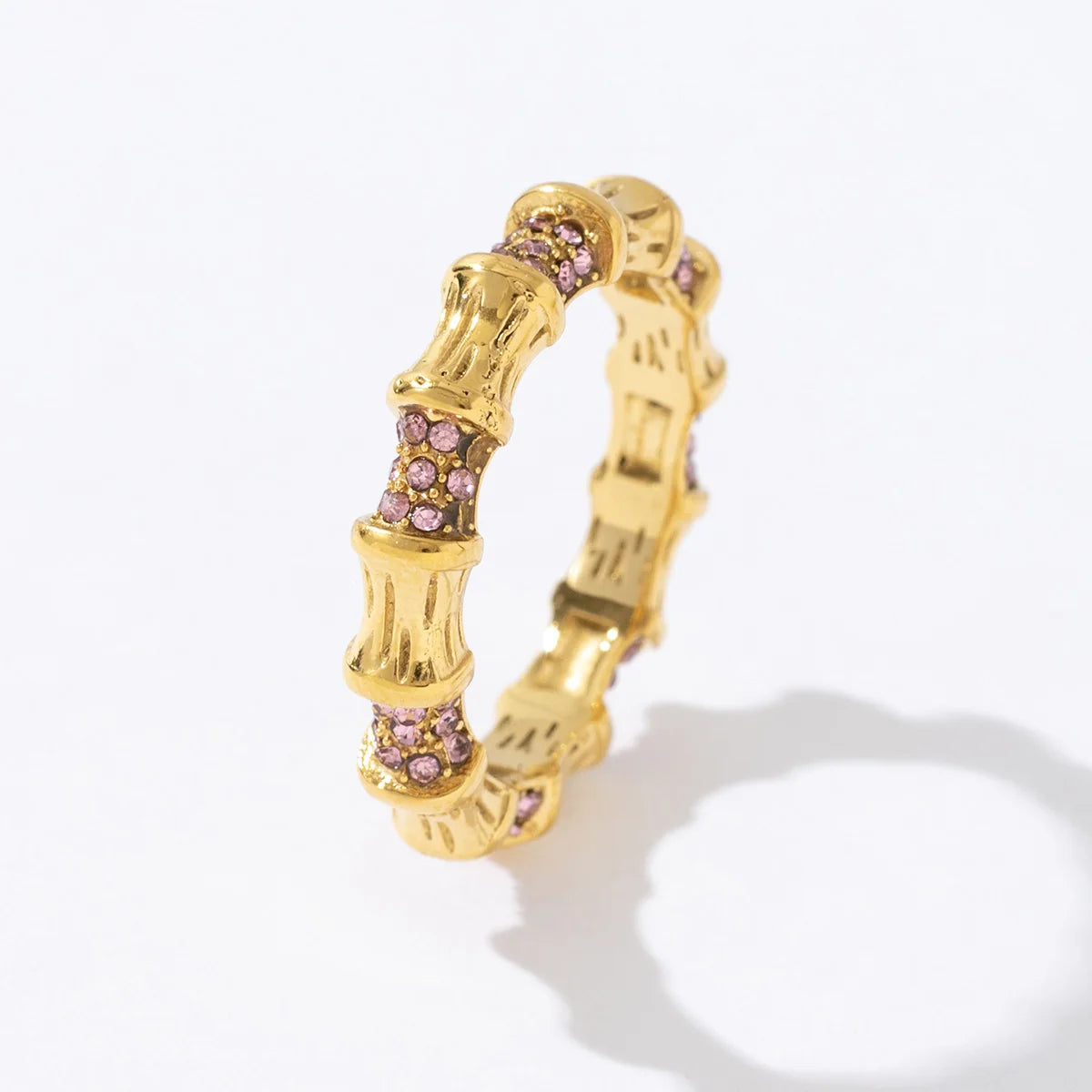 New Arrivals Bamboo Design 18K Gold Plated Stainless Pink Zircon Rings for Women Jewelry