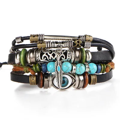 Hot Sale Leather Stainless Steel Plume Beaded Sets Blue Eye Hollow Natural Stone Bracelet for Men Unisex
