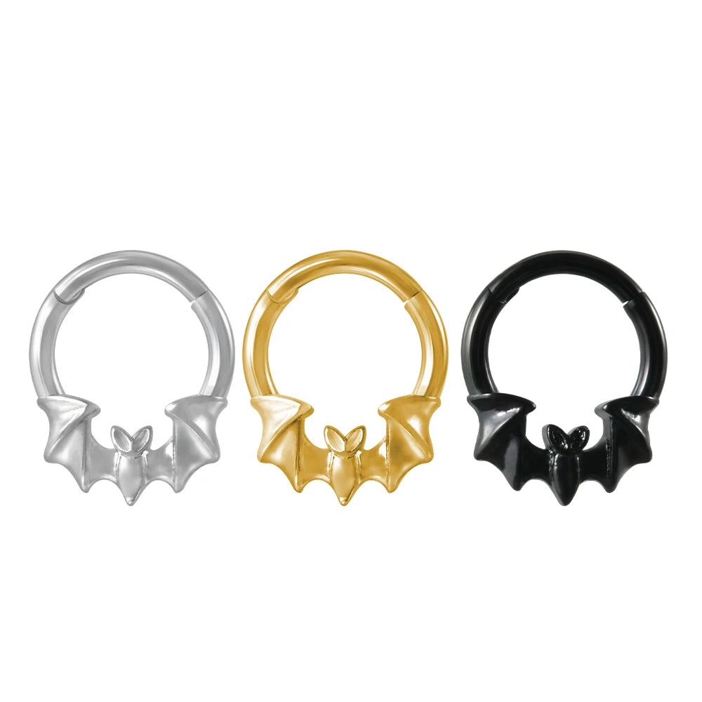 16G Surgical Steel Bat Septum Piercing Hinged Segment Nose Ring Clicker Cartilage Tragus Body Jewelry with Pearl Earrings